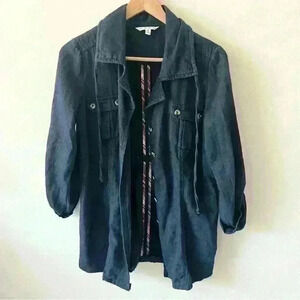CAbi S Blue 100% Cotton Button Front Jacket Roll Tab Sleeve Unlined Denim Tunic